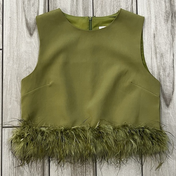 La'Ros Tops - La'Ros Feather Trim Crop Top Women Medium Olive Green Excellent Sleeveless Glam